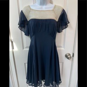 ASOS Chiffon Lace Flutter Sleeve Dress Navy Blue Size 8